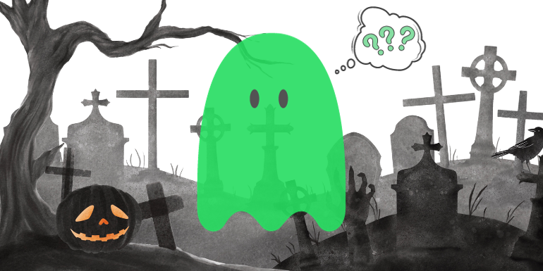 Ghosting banner - a confused-looking ghost in a graveyard
