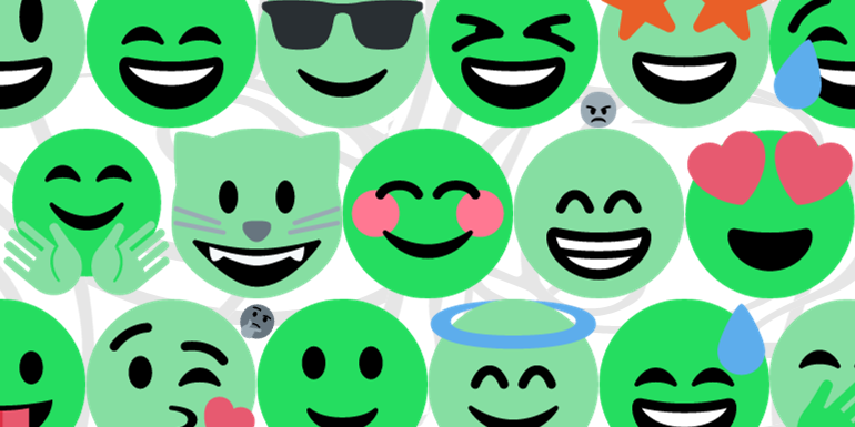 Be nice/positive banner: lots of smiling emoji in Anti-Sell brand colours