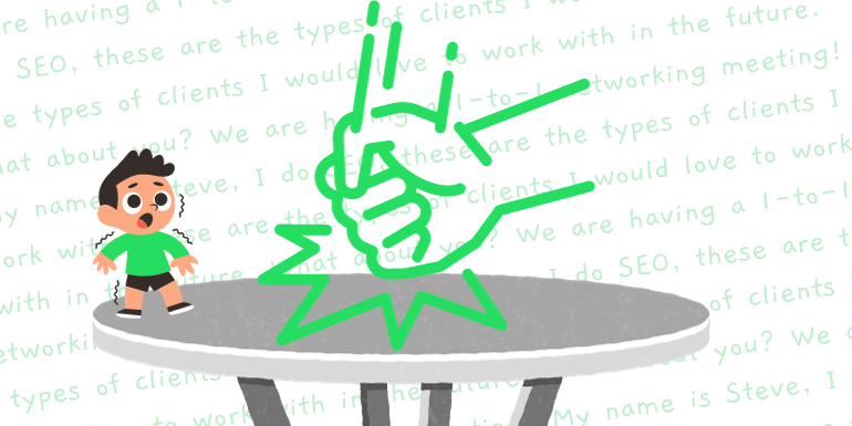 A Canva illustration of a fist banging on a table, with a little cartoon dude looking scared.